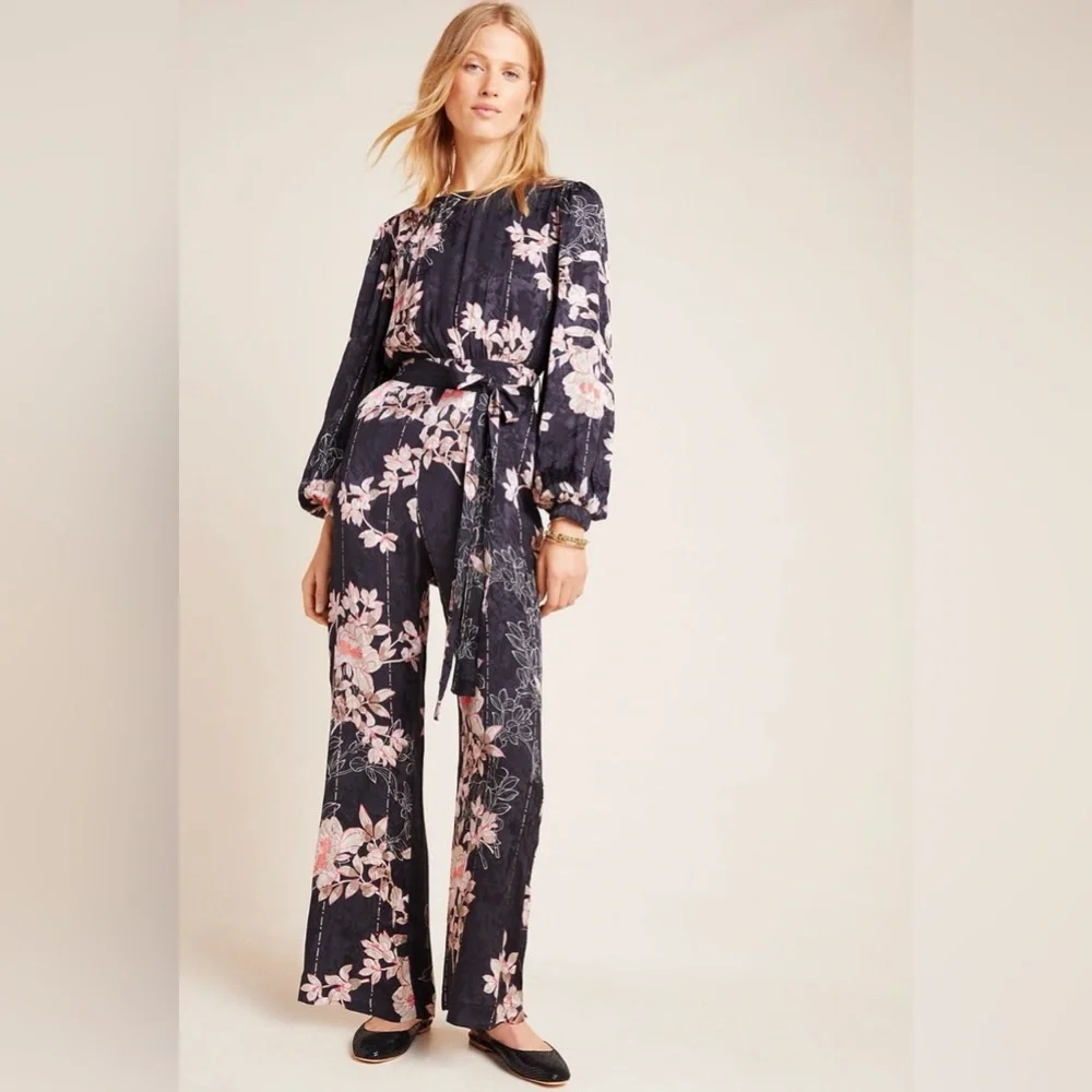 Anthropologie Harlyn Floral Boho Wide Leg Jumpsuit Balloon Sleeve S - Picture 1 of 14